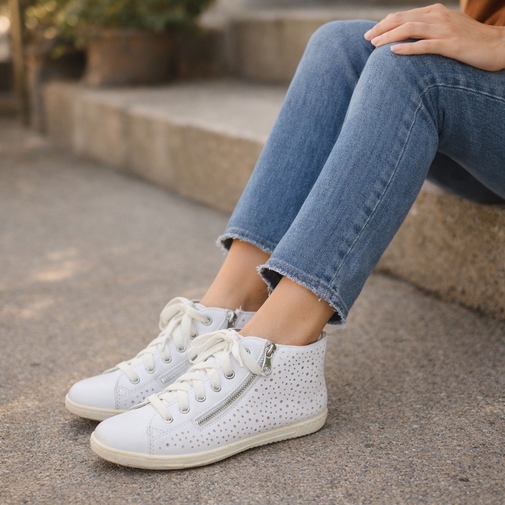 Rieker Womens‎ White Perforated Leather High Top Sneakers Side Zip Size 39 EU
